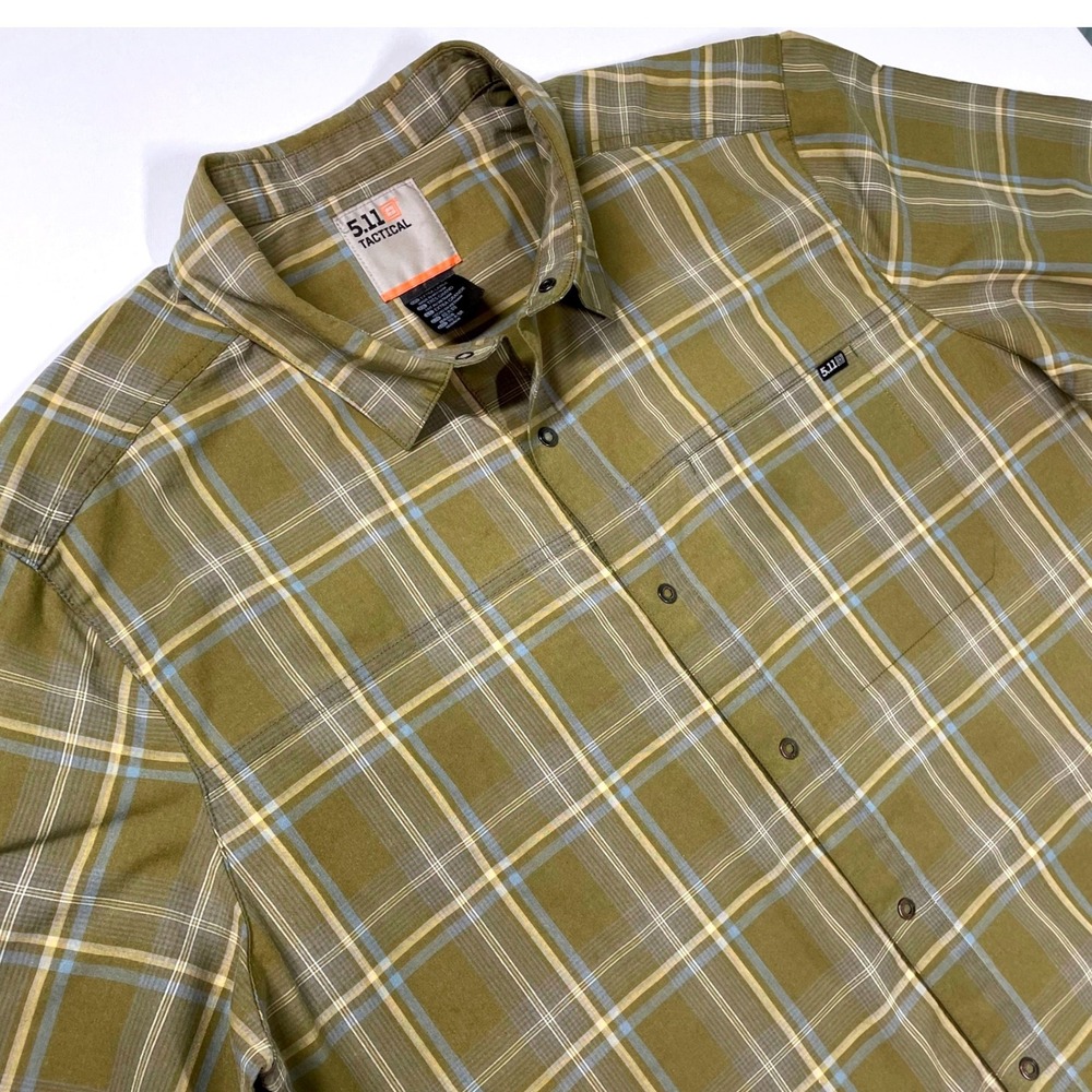 5.11 Tactical Shirt Mens XL Short Sleeve Plaid Snap Button Olive Green Utility